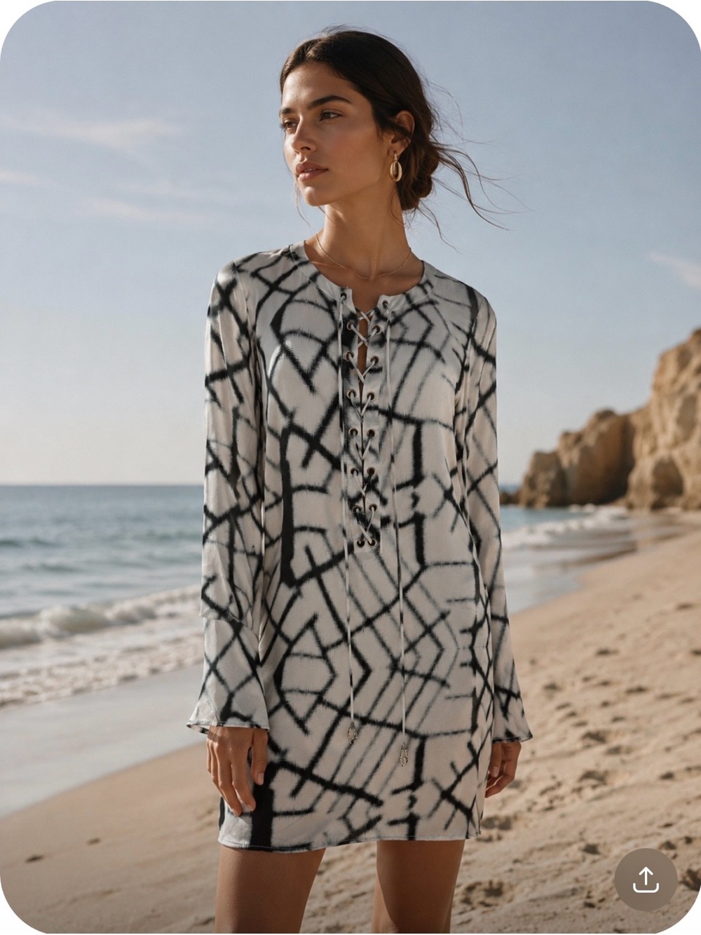 MARIE FRANCE VAN DAMME 100% Silk White Black Abstract Long Sleeve  Dress Size S